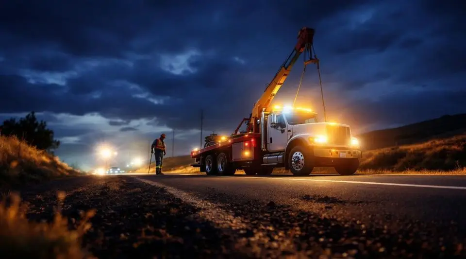 A Dad's Towing flatbed truck assisting a vehicle on the shoulder of US-36 with the Westminster skyline in the background.