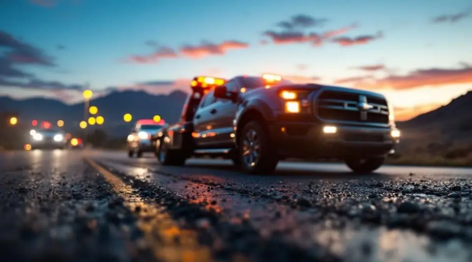 A professional flatbed tow truck parked near the Denver skyline with the Rocky Mountains visible in the distance at dusk.