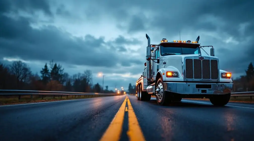 A professional flatbed truck parked on a quiet Arvada street.