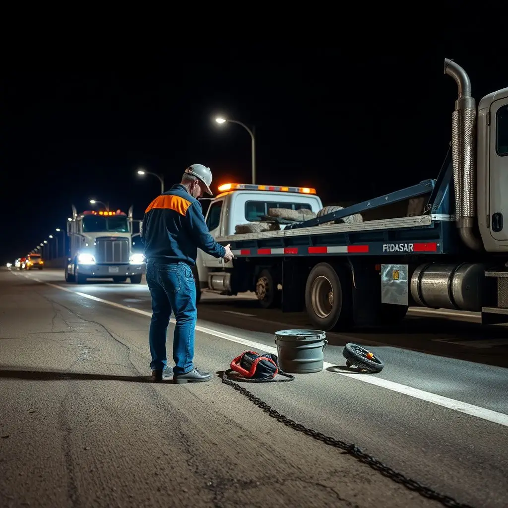A tow truck operator wearing high-visibility gear performing a safety check on a vehicle in Golden.