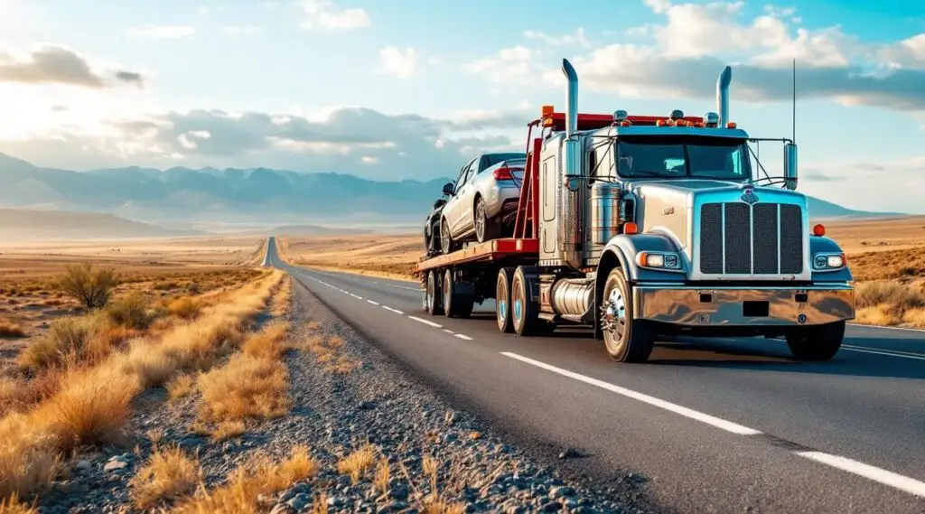 A professional flatbed tow truck safely transporting a passenger vehicle on a scenic Colorado highway near Arvada.