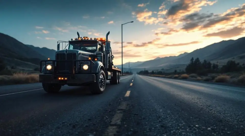 A Dads Towing flatbed truck parked near the iconic Welcome to Golden arch on Washington Avenue with mountains behind it.
