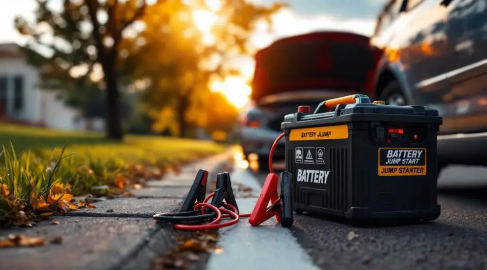 Professional roadside technician jump starting a car battery for a stranded motorist in Arvada.