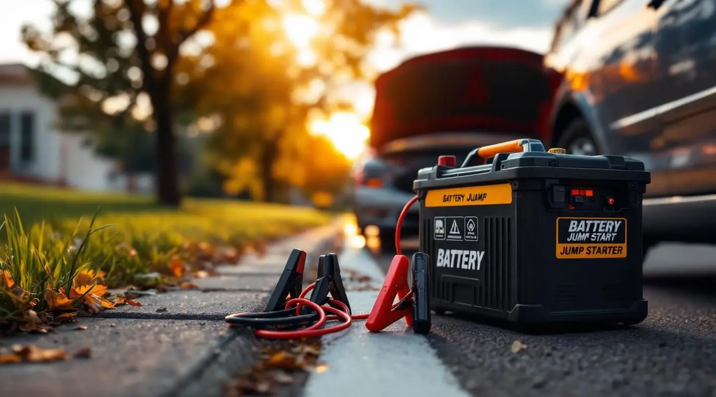 Professional roadside technician jump starting a car battery for a stranded motorist in Arvada.