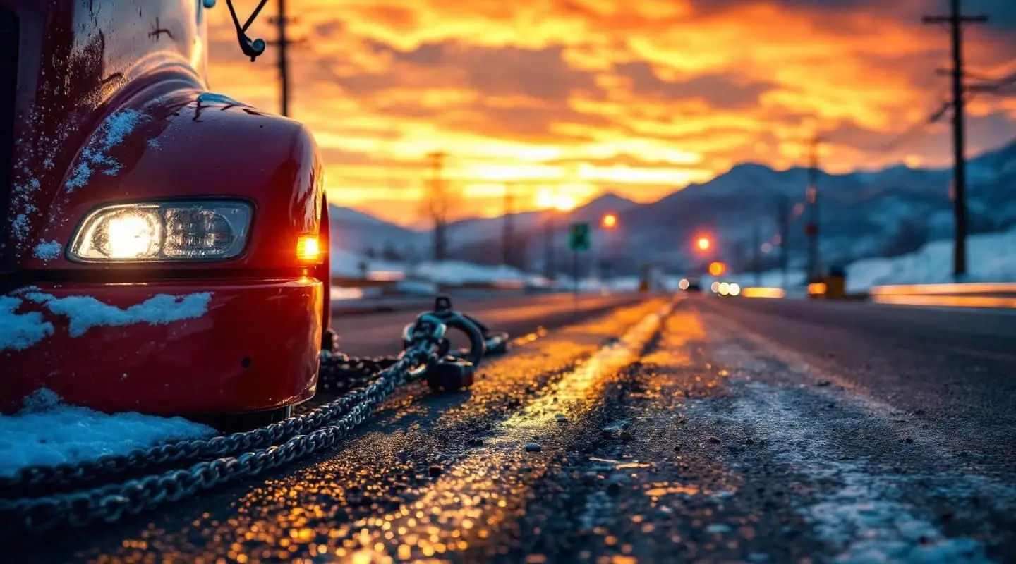 A professional flatbed tow truck assisting a family vehicle on a quiet Arvada residential street during sunset.