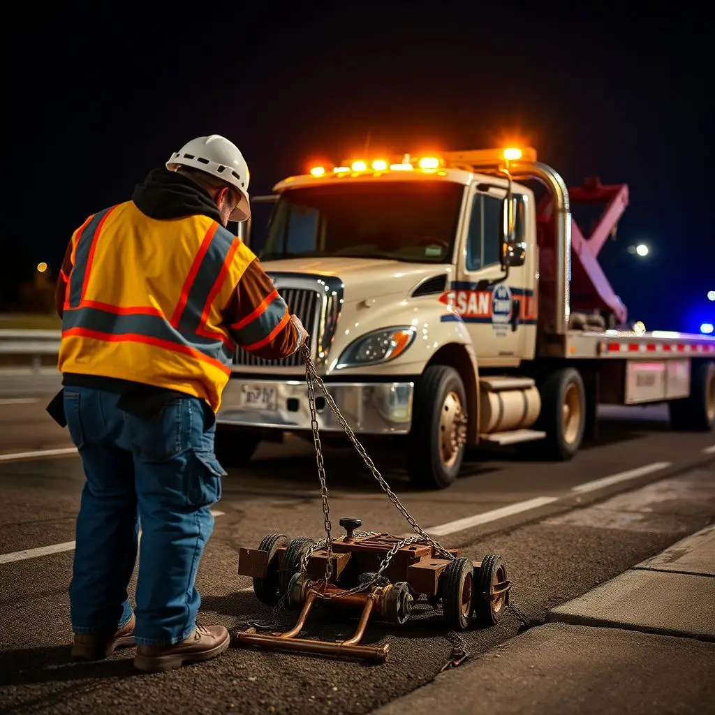 A close-up of a tow truck's flashing amber lights on a busy Denver thoroughfare at dusk.