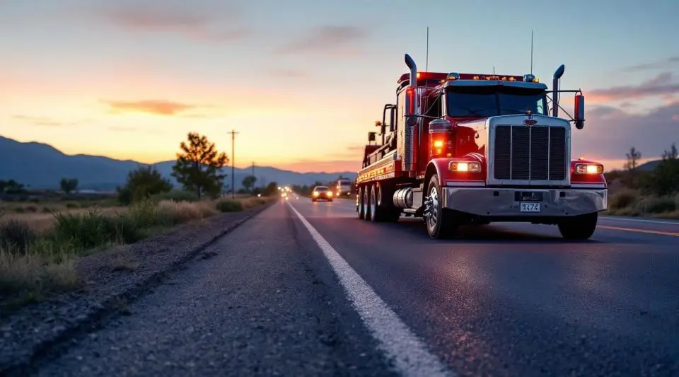A professional white tow truck parked on a Thornton street with the Colorado Front Range mountains in the background.