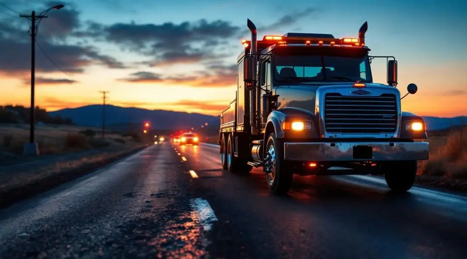 A professional flatbed tow truck parked near the Belmar shopping district in Lakewood, CO during a clear afternoon.