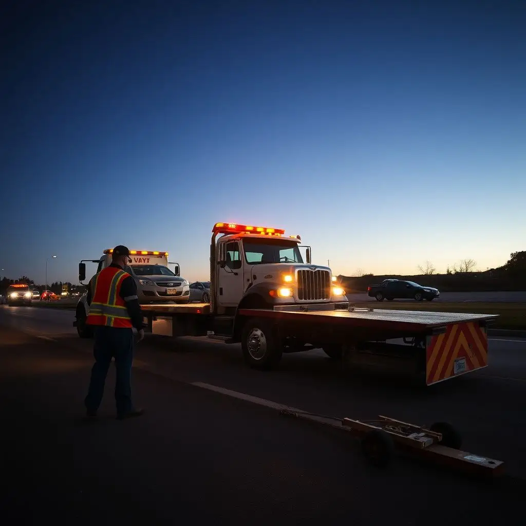 A friendly tow truck driver in a high-visibility vest talking to a customer in a Lakewood parking lot.