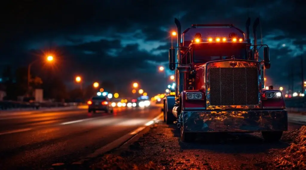 A professional flatbed tow truck providing emergency roadside assistance on a local Arvada road during a sunset recovery.