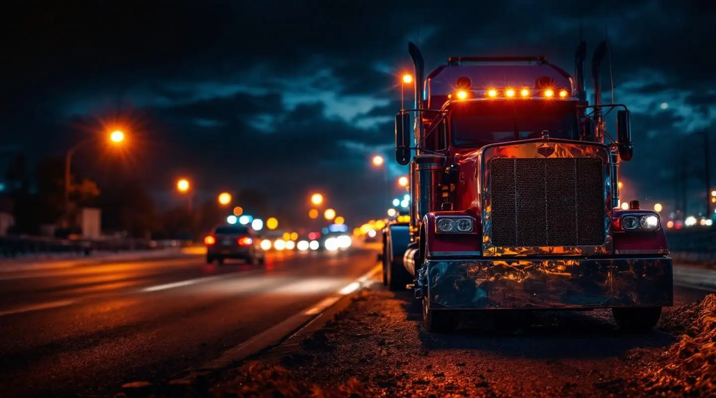 A professional flatbed tow truck providing emergency roadside assistance on a local Arvada road during a sunset recovery.