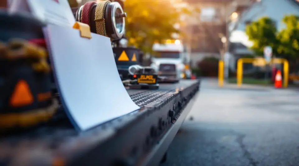 A professional tow truck operator legally removing an unauthorized vehicle from a commercial lot in Arvada at dusk.