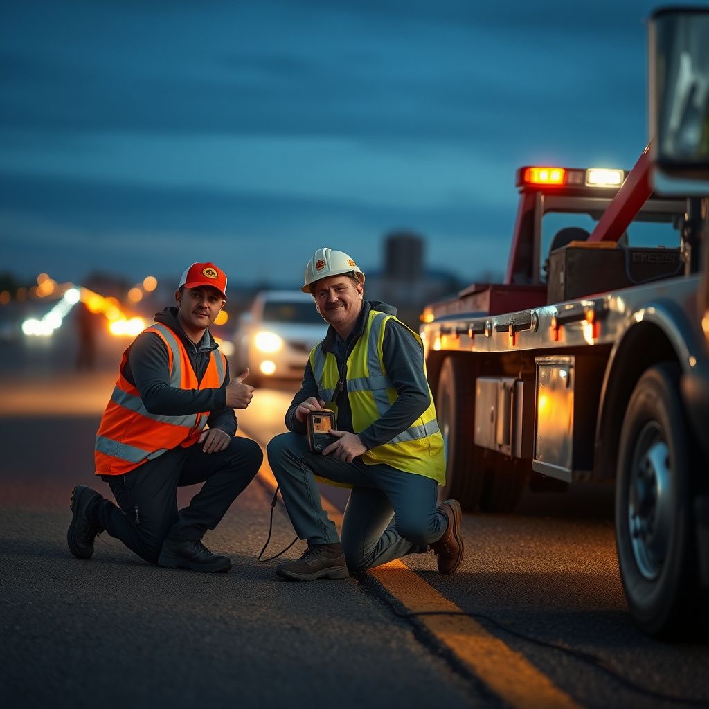 An experienced tow truck operator securing a car onto a flatbed tow truck on an Aurora street.