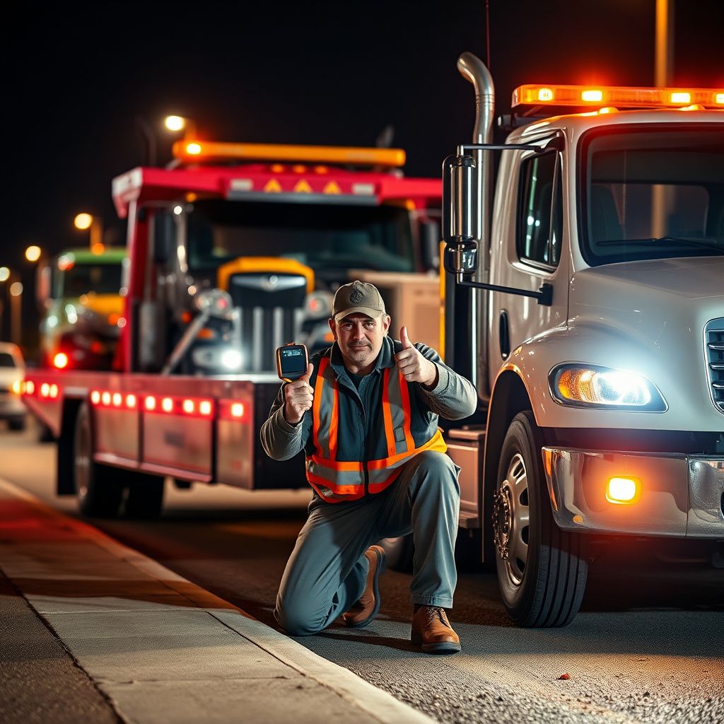 A professional tow operator securing a vehicle on a flatbed tow truck on a residential street in Commerce City.
